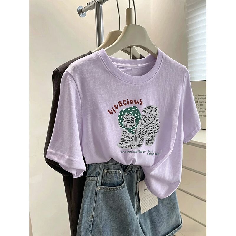 Round Neck Snowflake Cotton Short-Sleeved T-Shirt for Women, Niche Fashion Design, Versatile, Thin, Light Purple Top for Spring, Summer and Autumn Round Neck Snowflake Cotton Short-Sleeved T-Shirt for Women, Niche Fashion Design, Versatile, Thin, Light Purple Top for Spring, Summer and Autumn