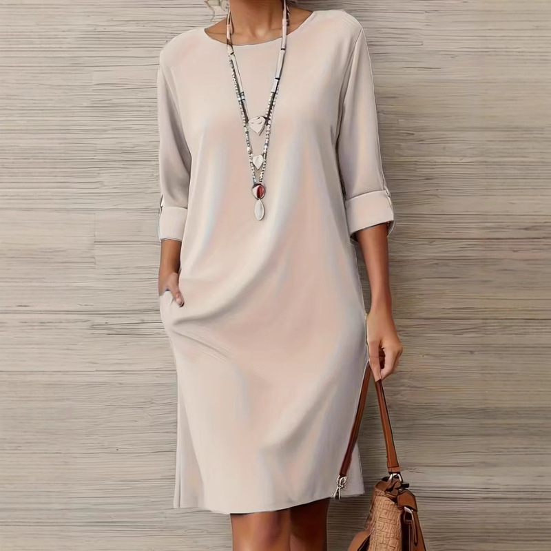 2025 New European and American Cross-Border Elegant Round Neck Versatile Solid Color Side Pocket Mid-Sleeve Dress