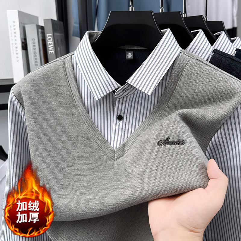 Trendy Men's Long-Sleeve T-Shirt with Faux Two-Piece Design, Fleece-Lined, Thickened, Warm Base Shirt with Shirt Collar for Dad