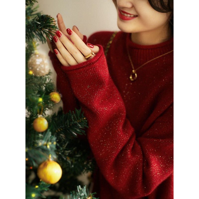 New year Christmas red 100% pure cashmere sweater women's half turtleneck Golden Bean yarn sweater pullover loose sweater