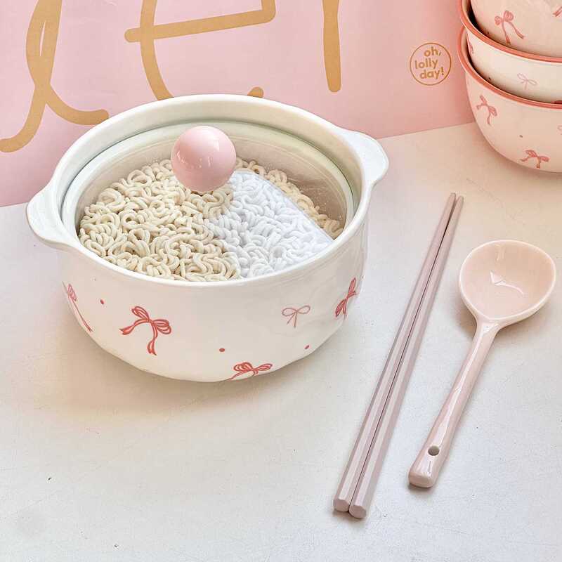 粉色ins风蝴蝶结陶瓷餐具套装面碗家用饭碗盘子釉下彩好看少女心|undefined