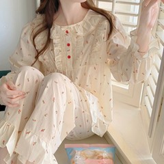 韩国ins女士秋季新品韩版甜美少女减龄田园风花边家居服睡衣套装