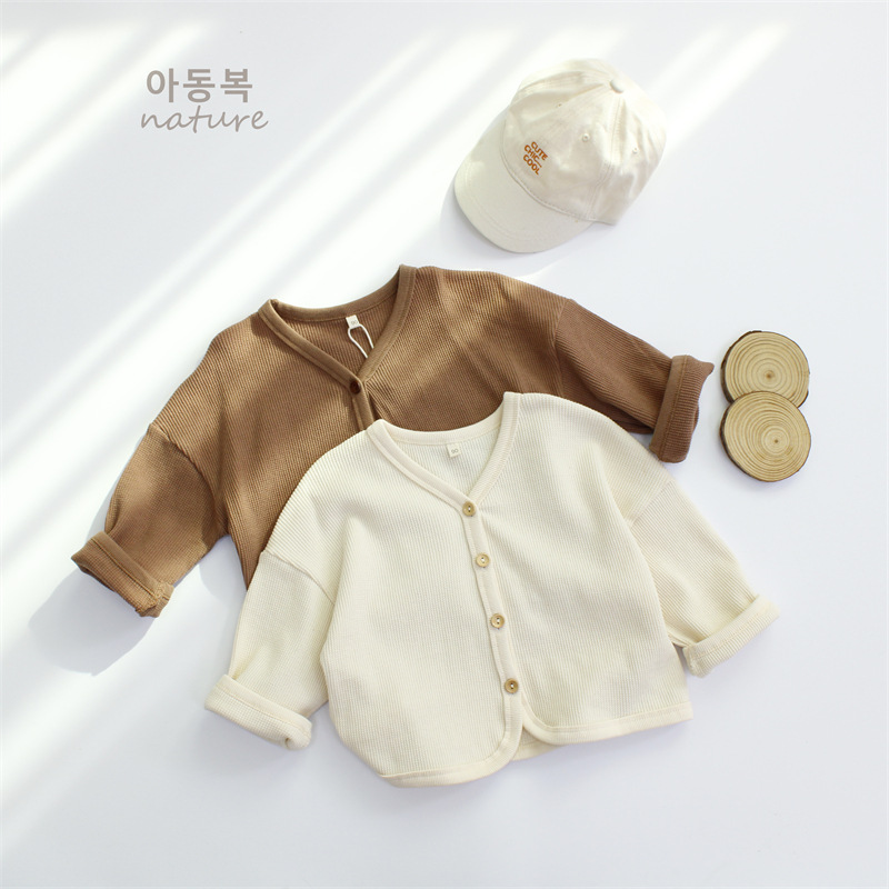2026 New Spring Children's Cardigan Boys' Jacket Korean Style Waffle Wool Solid Color Loose Versatile Girls' Top