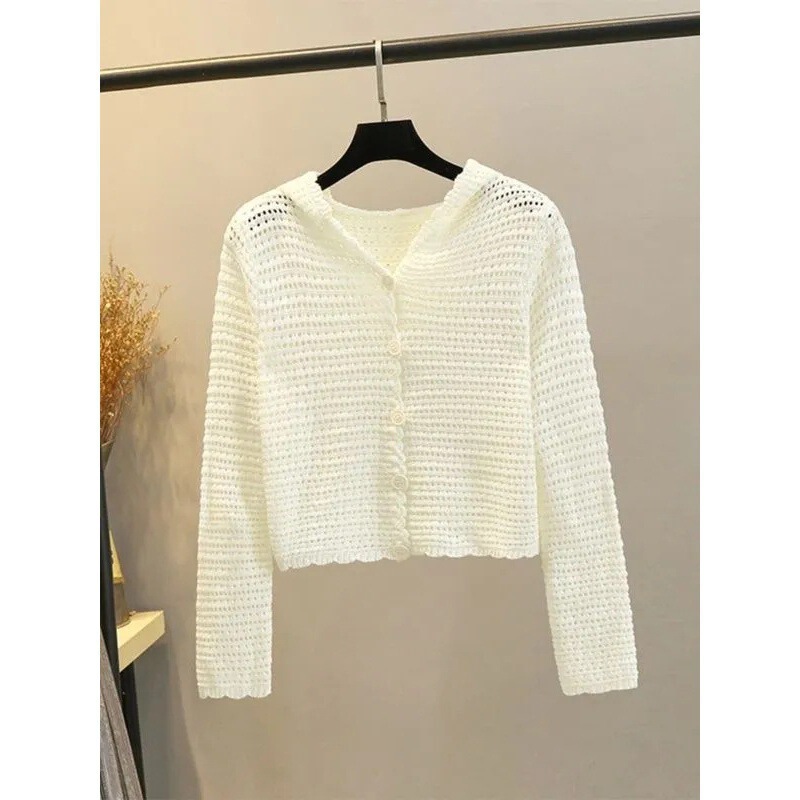 Spring and Summer New Hollow Hooded Knitted Cardigan for Small Men Long Sleeve Outer Woven Small Blouse Coat Short Top