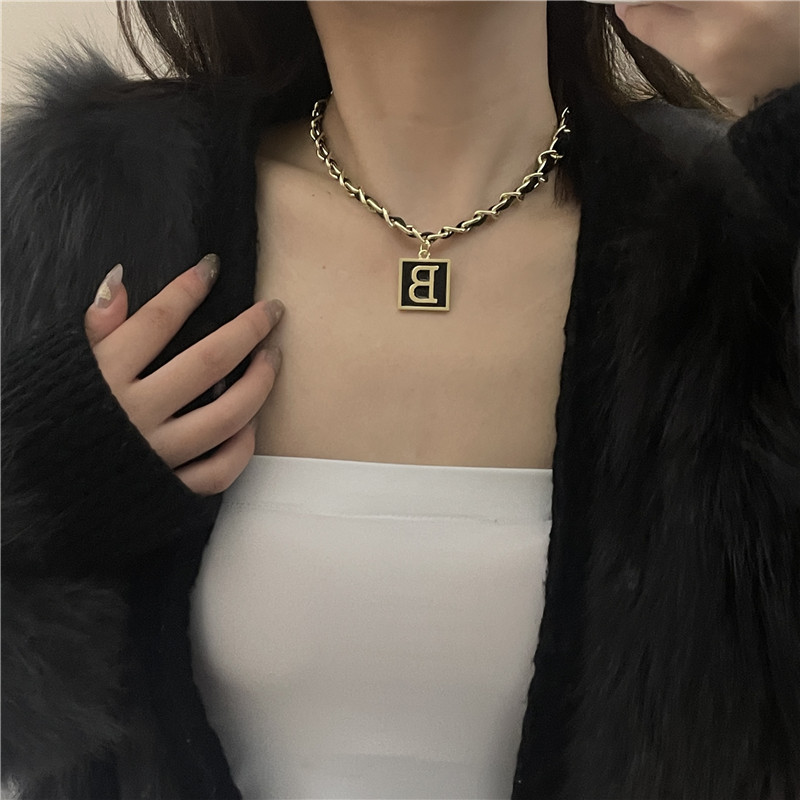 European And American New Black Leather Rope Necklace Female Titanium Steel B Letter Clavicle Chain display picture 3