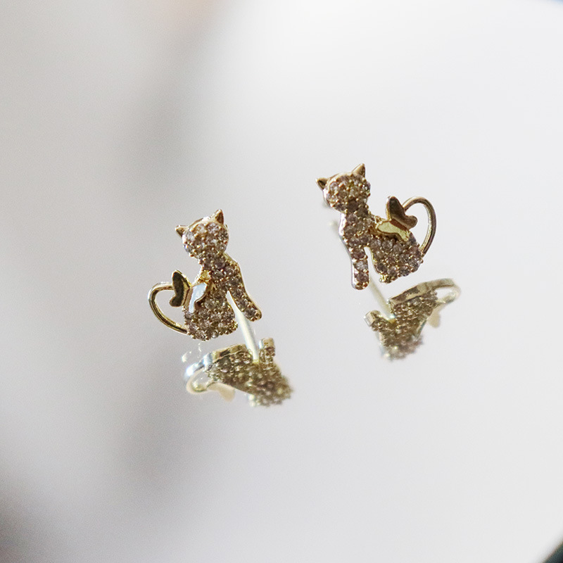 Na Yang S925 Silver Needle Three-dimensional Cat Earrings Diamond Gold Earrings Earrings Cute Japanese 2020 New
