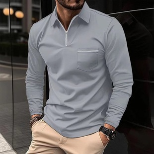 European and American Ins Cross-Border Spring Aliexpress Amazon Polo Shirt Zipper Flap Pocket Pants Men's Long-Sleeved Sports Polo Shirt