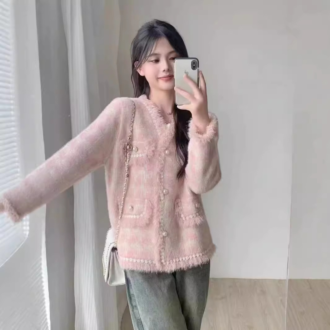 Otoño y invierno nuevo estilo francés dulce pequeño viento fragrante cardigan de punto de mujer imitación de bordillo de la camisa suave abrigo suelto chic image 5