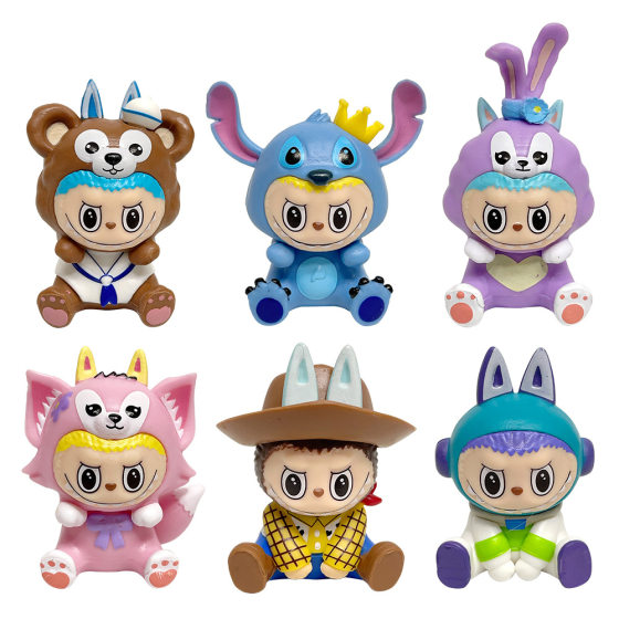 Cross-Border Best-Selling Six Labubu Figures Labubu Cos Stitch Spongebob Cartoon Model Ornaments