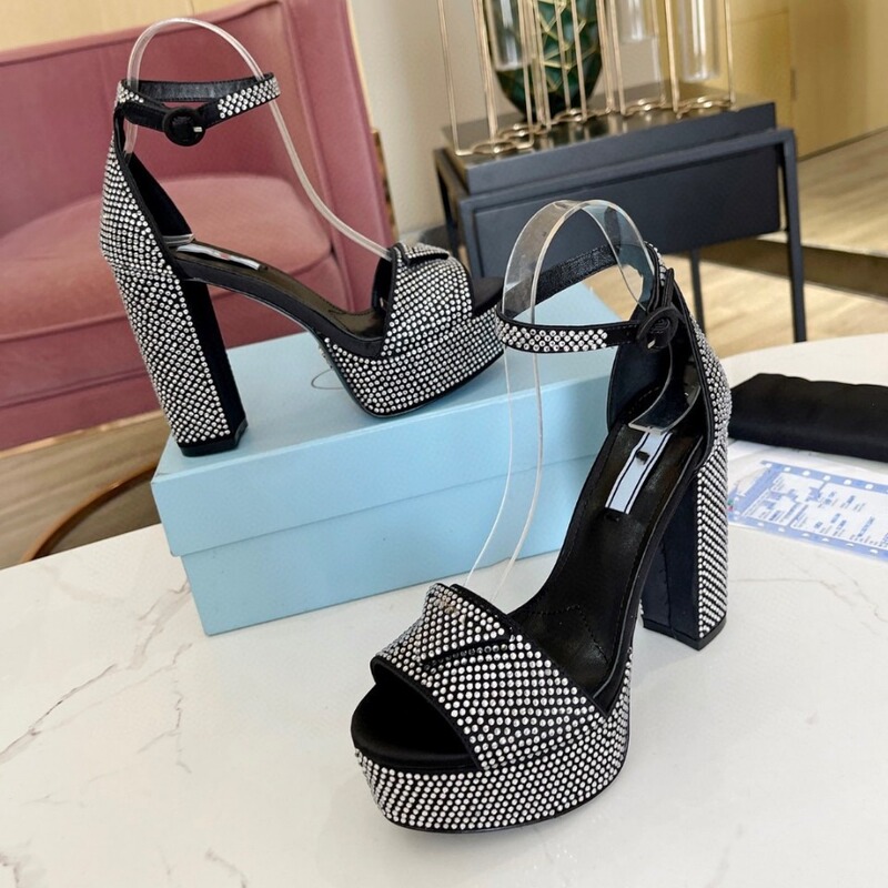 P Brand 2025 New European and American Style Rhinestone Triangle Buckle Ultra-High Heel Waterproof Platform Fashion Versatile Chunky Heel Women's Shoes for Cross-Border Export