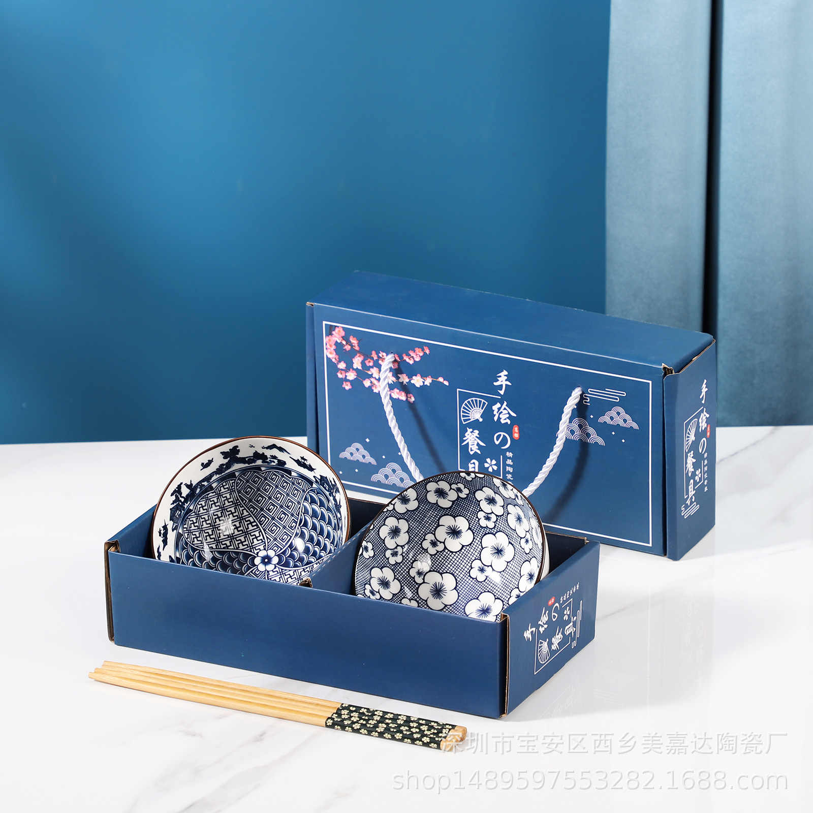 Regalo bohemio tazón de cerámica y palillos traje al por mayor tazón y plato traje hogar tazón de arroz vajilla conjunto tazón caja de regalo traje