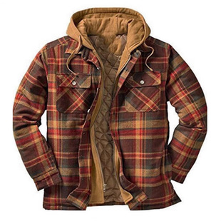 Foreign trade explosions men's European and American autumn and winter thick plaid cotton long sleeve hooded shirt coat spot