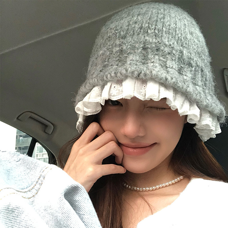 Korean lace knitted fisherman hat for women, sweet warm in autumn and winter, versatile to show off face, small woolen_viptrois.com