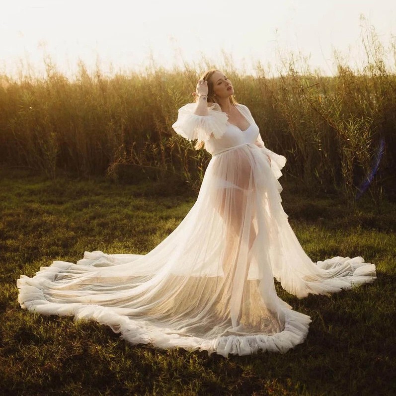 New Wedding Dress Ruffled Mesh Tail Bridal Cape Maternity Long Shawl Travel Photography Outdoor Photography Clothing