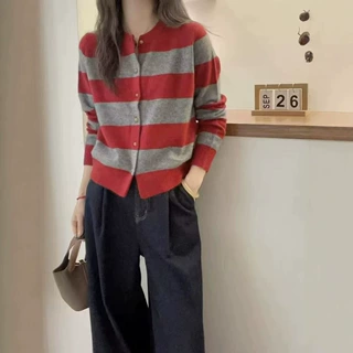 复古港风26秋冬新款拼色条纹毛衣女慵懒时尚宽松软糯针织开衫外套