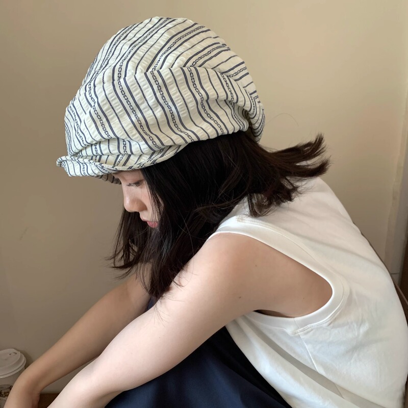 【Osaka Memory】Japanese Designer Style Cloud Newsboy Hat for Women, Retro Fashionable Large Head Circumference Striped Octagonal Hat