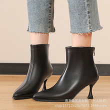 公务员职业通勤短靴上班面试真皮加绒尖头细跟高跟黑色百搭女祼靴