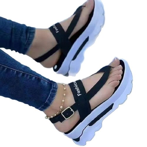 European and American Cross-border New Arrival Women's Sandals for Autumn and Summer — Women's Strappy Thick-Soled Height-Increasing Solid-Color Casual Shoes, Size 43, for Plus-Size Women