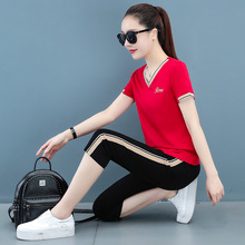 纯棉V领短袖T恤休闲女套装夏季洋气减龄遮肉显瘦中年妈妈装两件套