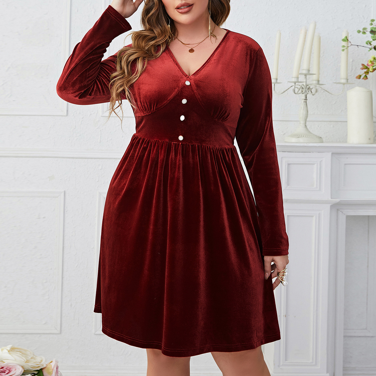 Independent development of European and American foreign trade Amazon AliExpress explosions dark red V-neck slim high waist long sleeve dress