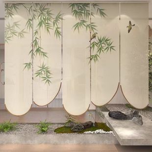 New Chinese Style Tea Room Semi-Transparent Roller Blind Screen Chinese Style Landscape Painting Electric Partition Office Blackout Curtain Decoration