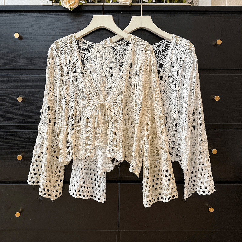 Bohemian Ethnic Style Hollow-Out Lace Thin Long-Sleeve Knit Cardigan for Women, Summer Tie-Up Top Al202 Bohemian Ethnic Style Hollow-Out Lace Thin Long-Sleeve Knit Cardigan for Women, Summer Tie-Up Top Al202