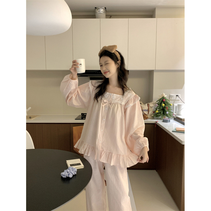 韩国ins女士新韩系条纹简约舒适花边睡衣套装休闲宽松慵懒家居服|undefined