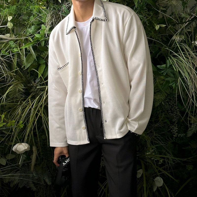 Myq contraste color costura solapa chaqueta de los hombres primavera nueva camisa estilo coreano suelta nicho diseño cardigan