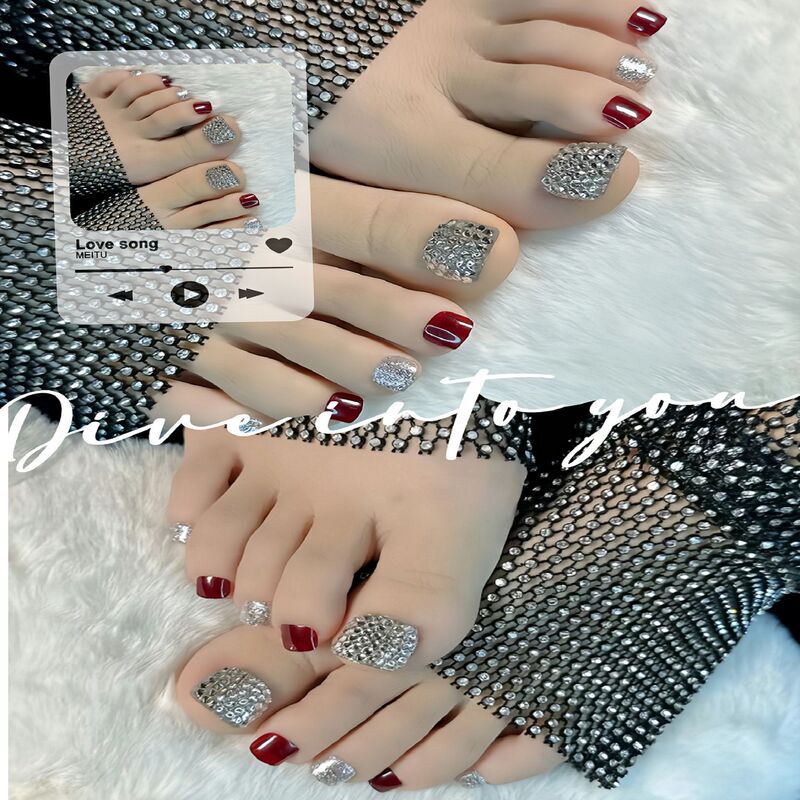A-02 Cherry Toe Nail Stickers Wearable Red Color Block Fake Nail Tips Finished Nail Art Ins Style Short Style