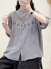 女性の夏カジュアルエスニック刺繍シャツピュアコットン