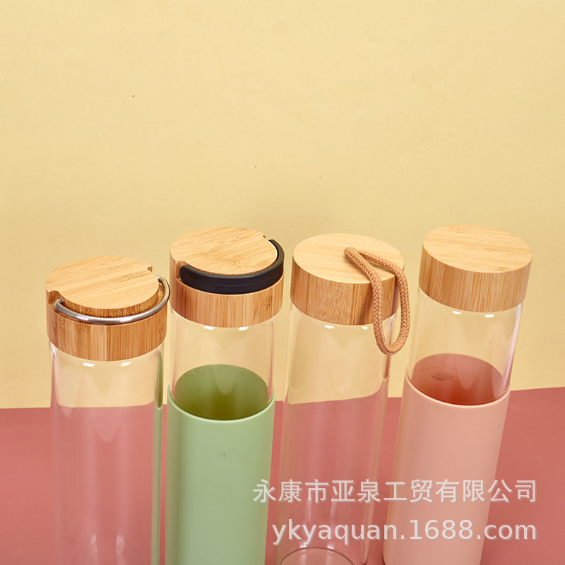 Cruz-frontera espesado vidrio borosilicato Flor de vidrio taza de té espiral de bambú cubierta de vidrio taza de agua con la cubierta de la taza de silicona