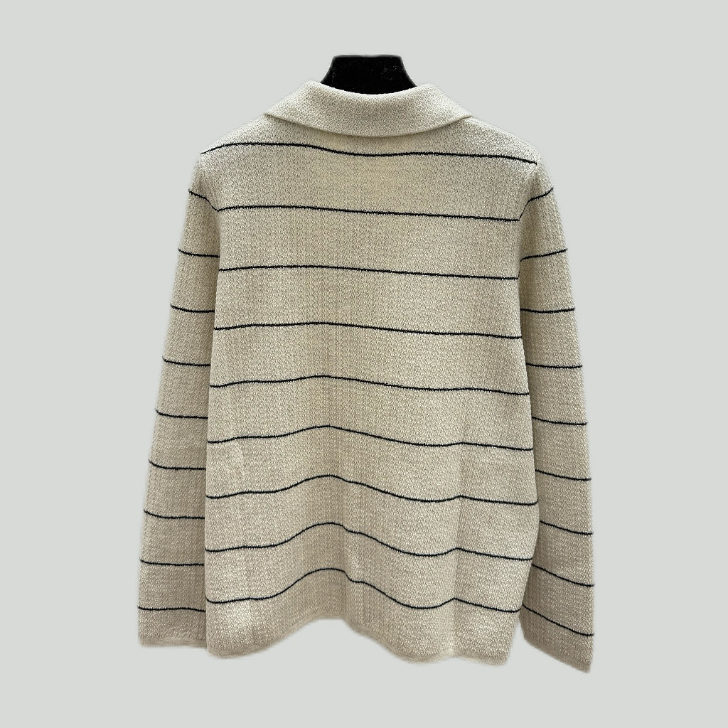 新款上市ce+时髦条纹撞色logo车章车花拼接翻领针织上衣气质慵懒-阿里巴巴