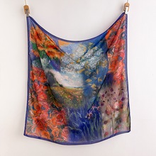 围巾春秋薄款涤丝棉110大方巾油画印花氛围感气质韩系文艺披肩