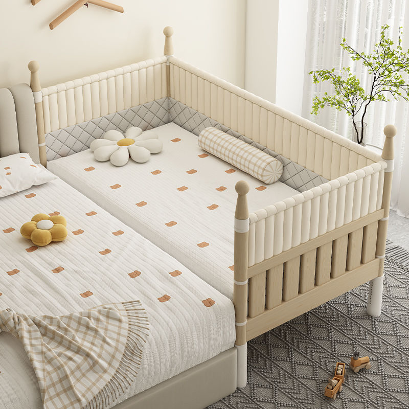 Solid Wood Children's Splicing Bed, Widened Bed, Bedroom Splicing Large Bed with Guardrails, Newborn Crib, Baby Bed Customization