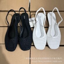 ZA现货韩版小众韩版手工编织渔网包头凉鞋女夏平底休闲后绊带凉拖