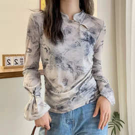 新中式水墨画仿天丝面膜T恤欧洲站春装2024新款欧货女装打底衫潮