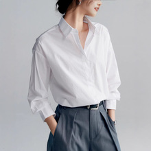 OL风80s纯棉白色长袖衬衫女春秋季微磨毛叠穿气质长绒棉衬衣
