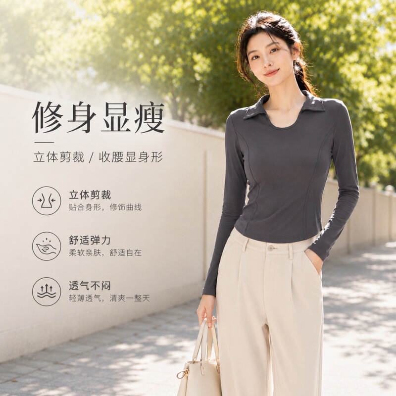 Fuxinna American-style sweet and spicy long-sleeve women's top, spring and autumn slim-fit design, niche polo collar base shirt