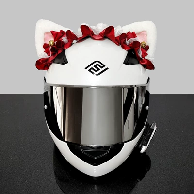 Detachable cute plush bear Motosiklet dəbilqələri - no-helmet-white-earred-red-silk-lolita-headband-white-tail
