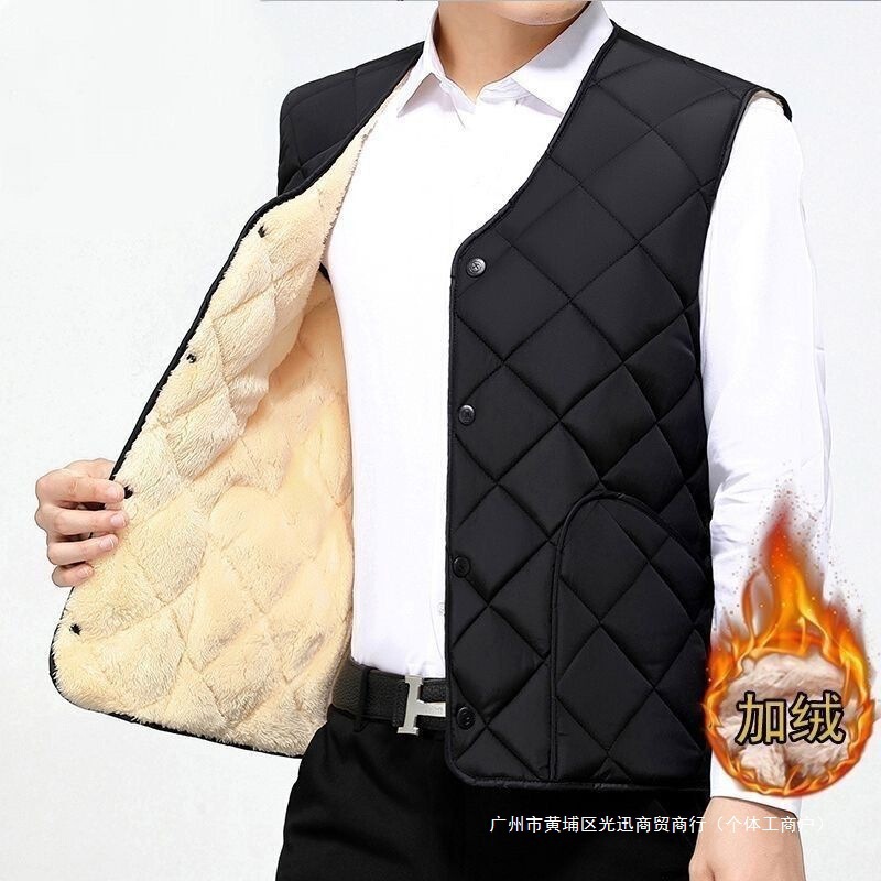 Men's Sleeveless Vest with Fleece Lining, Thickened and Quilted, Versatile for Youth, Suitable for Wearing under School Uniforms, Warm Vest, in Stock