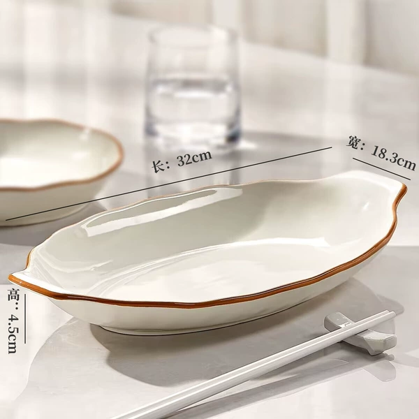 Milk white brown edge-13-inch two-eared fish dish
