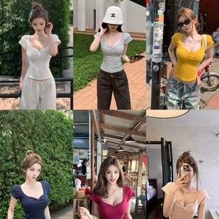 Versatile Pure Desire Heart Neck Vest with Chest Pad Slim Fit Beautiful Back T-Shirt for Women Summer Short Sleeve Comfortable Fashion Base Top