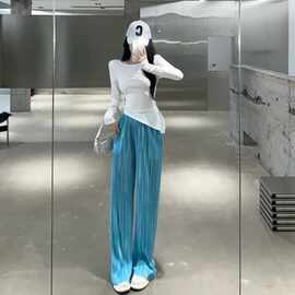 大码女装高腰垂感直筒裤女设计感新款冰酪琉璃褶皱休闲裤