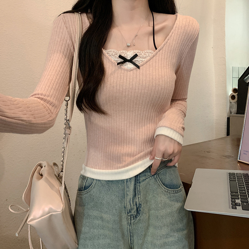 甜美风假两件独特别致短款上衣女秋冬女装长袖内搭蕾丝边针织毛衣|undefined