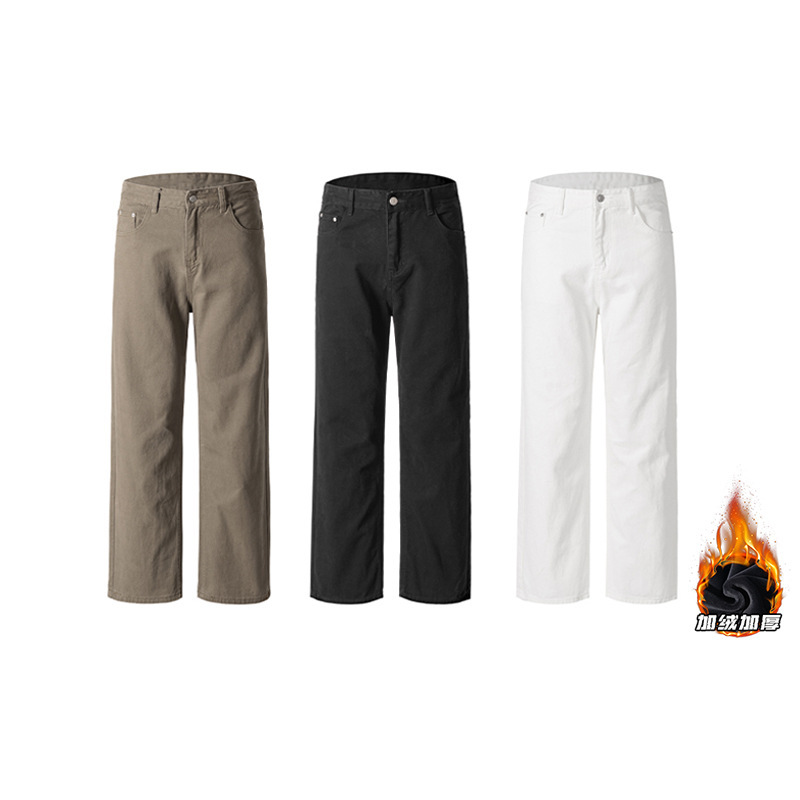 Cleanfit Pure Cotton Washed Wide-Leg Jeans for Men, Fleece-Lined and Thickened, Stylish and High-End American-Style Floor-Length Casual Pants