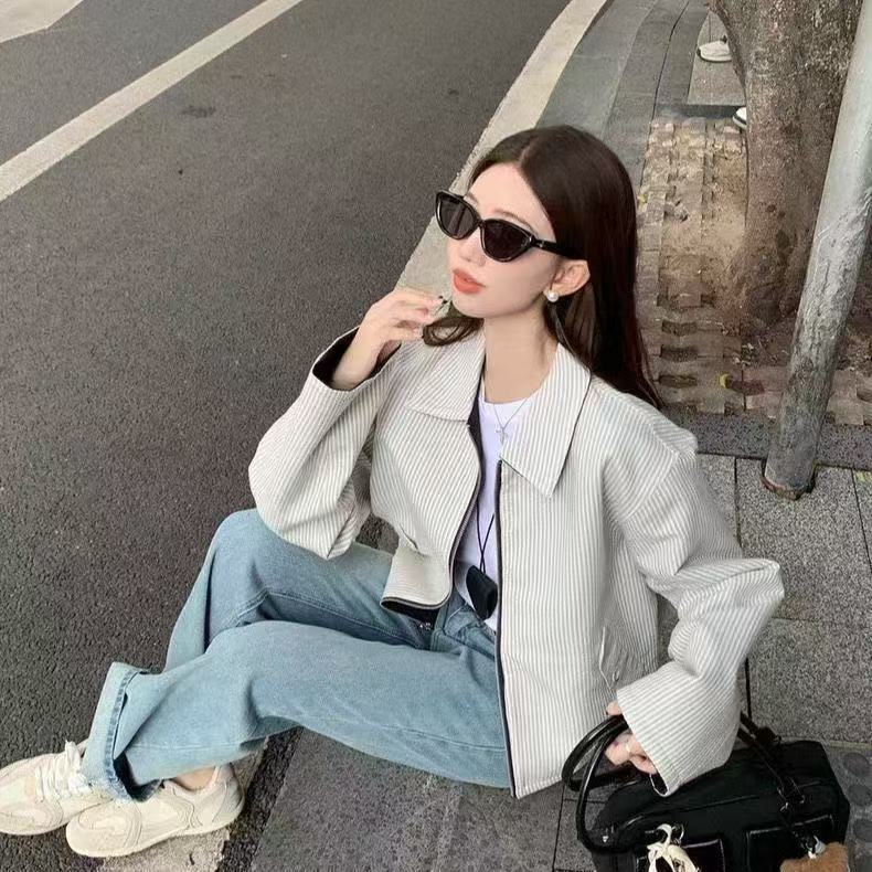 初秋外套复古气质条纹翻领夹克外套女装设计感两面穿拉链短款上衣|undefined