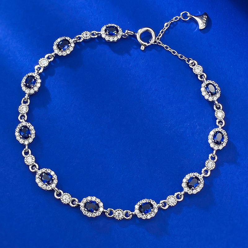 Mujing jewelry new S925 silver artificial sapphire 3*4 Oval row diamond bracelet female Chinese style adjustable