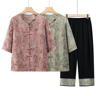 Mom's Summer New Chinese Style Suit, Middle-Aged and Elderly Women's National Style Shirt, Grandma's Summer New Mid-Sleeve Two-Piece Set