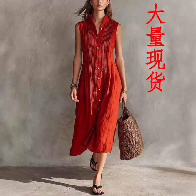 New Cross-Border Foreign Trade European and American Style Women's Fashion Simple and Elegant Sleeveless Single-Breasted Shirt Mid-Length Dress New Cross-Border Foreign Trade European and American Style Women's Fashion Simple and Elegant Sleeveless Single-Breasted Shirt Mid-Length Dress