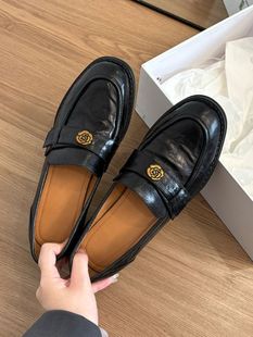 Thick-soled Black Camellia Slip-on Fashionable Comfortable All-match Loafers Women's British-style Retro Leather Shoes Single-layer Shoes
